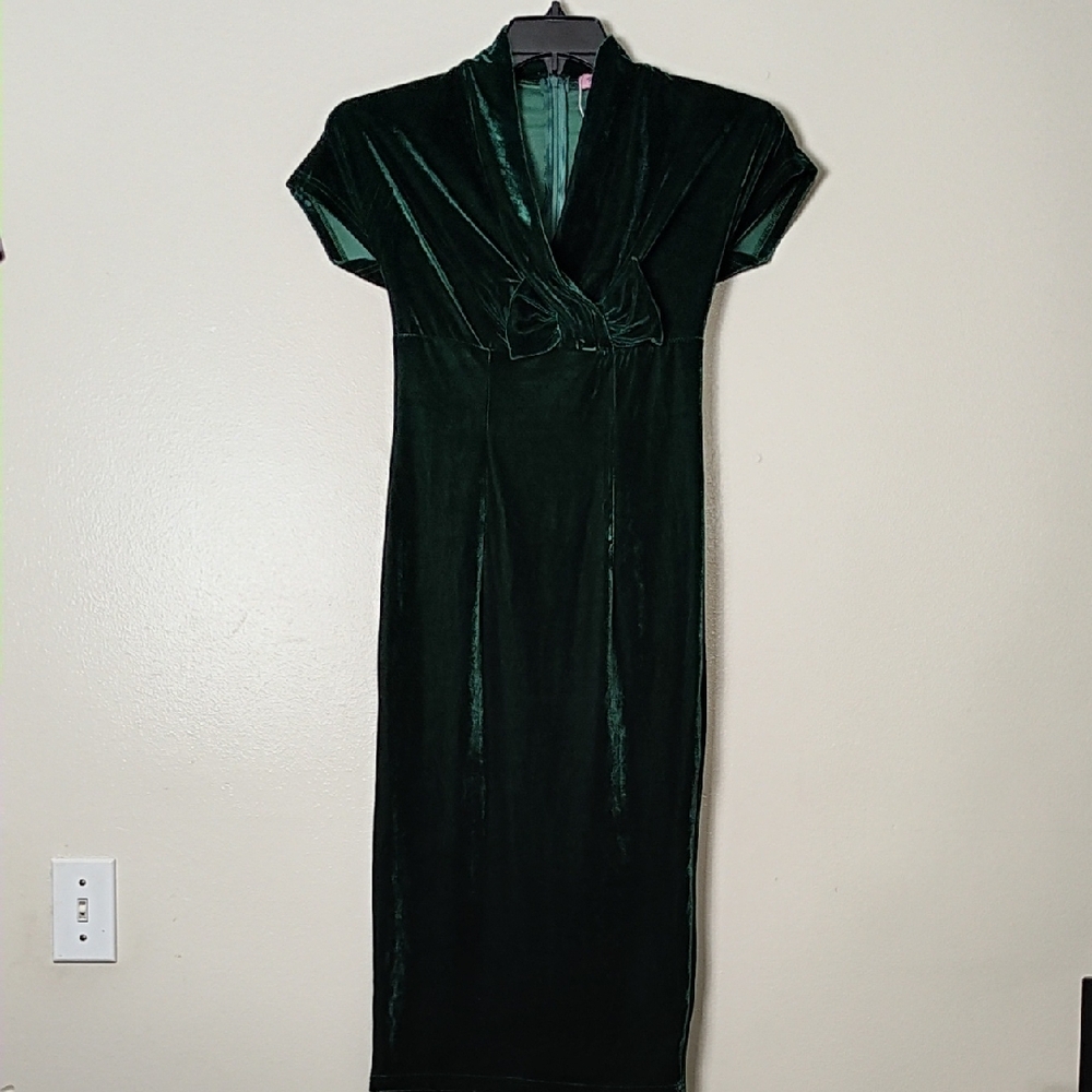 Rebel Love Dark Green Velvet Dress S Bow retro vintage look 40's 50's Size XS
